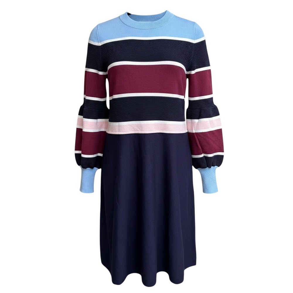 1901 Nordstrom Womens Striped Balloon Sleeve Knit Sweater Dress Blue Maroon S
